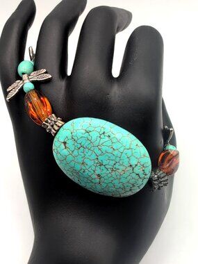 Ladies Silver Tone Dragonfly Bracelet with Turquoise Colored Stones Toggle Clasp
